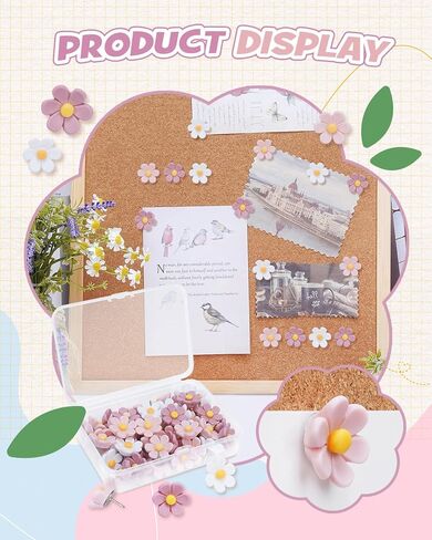 دبابيس دفع زهرة eZAKKA، 50 قطعة من دبابيس الدفع اللطيفة لألواح الفلين المزخرفة بمسامير الإبهام لجدار الصور، والجدار المميز، والخريطة، ولوحة الإعلانات، والمكتب أو المنزل in Kuwait