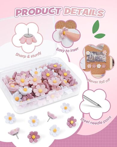 دبابيس دفع زهرة eZAKKA، 50 قطعة من دبابيس الدفع اللطيفة لألواح الفلين المزخرفة بمسامير الإبهام لجدار الصور، والجدار المميز، والخريطة، ولوحة الإعلانات، والمكتب أو المنزل in Kuwait