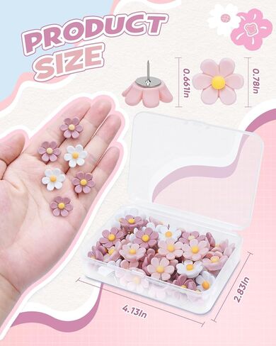 دبابيس دفع زهرة eZAKKA، 50 قطعة من دبابيس الدفع اللطيفة لألواح الفلين المزخرفة بمسامير الإبهام لجدار الصور، والجدار المميز، والخريطة، ولوحة الإعلانات، والمكتب أو المنزل in Kuwait