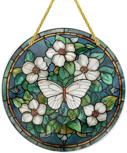 Snugozo - White Butterflies & Flowers, 1PC Stained Glass Styles Ornaments, 8×8inch Acrylic Hanging Decorative Signs, Acrylic Window Suncatchers Suitable for Garden, Home Decor, Wall Art, Gifts in Saudi Arabia