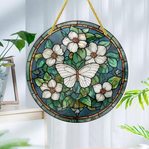 Snugozo - White Butterflies & Flowers, 1PC Stained Glass Styles Ornaments, 8×8inch Acrylic Hanging Decorative Signs, Acrylic Window Suncatchers Suitable for Garden, Home Decor, Wall Art, Gifts in Saudi Arabia
