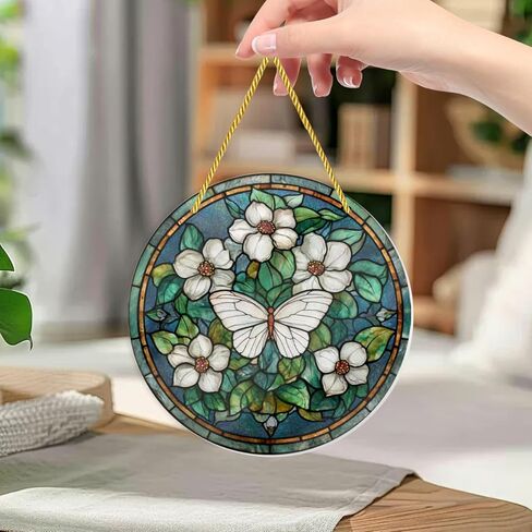 Snugozo - White Butterflies & Flowers, 1PC Stained Glass Styles Ornaments, 8×8inch Acrylic Hanging Decorative Signs, Acrylic Window Suncatchers Suitable for Garden, Home Decor, Wall Art, Gifts in Saudi Arabia