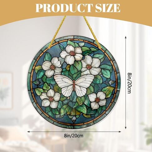 Snugozo - White Butterflies & Flowers, 1PC Stained Glass Styles Ornaments, 8×8inch Acrylic Hanging Decorative Signs, Acrylic Window Suncatchers Suitable for Garden, Home Decor, Wall Art, Gifts in Saudi Arabia