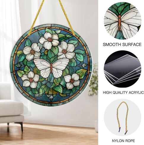 Snugozo - White Butterflies & Flowers, 1PC Stained Glass Styles Ornaments, 8×8inch Acrylic Hanging Decorative Signs, Acrylic Window Suncatchers Suitable for Garden, Home Decor, Wall Art, Gifts in Saudi Arabia