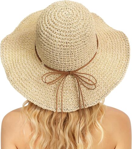 قبعات الشاطئ من القش للنساء، قبعات صيفية مرنة ذات حافة واسعة من القش، قبعة قابلة للطي وقابلة للطي in Kuwait