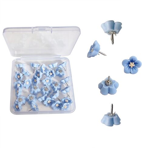 30 Pcs Forget-Me-Not Flower Push Pins - Cute Floral Thumb Tacks for Cork Boards, Photo Display, Bulletin Boards - Aesthetic Desk Accessories for Office, Classroom & Home Decor (Blue) in Saudi Arabia