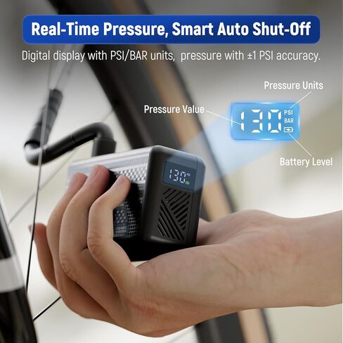 LEXIN P2 Mini Electric Bike Pump with Gauge, 130PSI Portable Bicycle Pump with Presta & Schrader Valve, 800mAh Air Pump for Bike Tires, Auto Shut-Off, Fast Inflation for Road Bike, MTB, E-Bikes in Kuwait