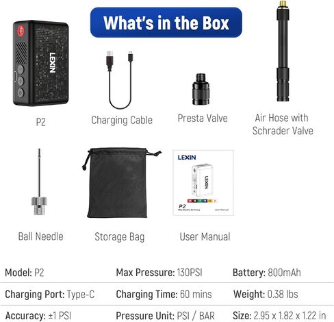 LEXIN P2 Mini Electric Bike Pump with Gauge, 130PSI Portable Bicycle Pump with Presta & Schrader Valve, 800mAh Air Pump for Bike Tires, Auto Shut-Off, Fast Inflation for Road Bike, MTB, E-Bikes in Kuwait