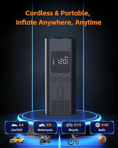 منفاخ إطارات ضاغط هواء محمول، مضخة هواء صغيرة أسطوانية معدنية لاسلكية لإطارات السيارات مع مقياس الضغط، قابلة لإعادة الشحن، مع ضوء LED، محمولة للدراجات والدراجات النارية والشاحنات والسيارات in Kuwait