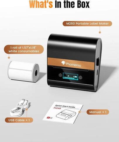 طابعة ملصقات حرارية Phomemo - M260+ طابعة بلوتوث محمولة، آلة وضع ملصقات الأسلاك والكابلات مع ورق أبيض مقاس 1.57 بوصة × 1.18 بوصة، للرمز الشريطي، والعناوين الصغيرة، وبطاقات الأسعار، والاستخدام الداخلي، وتطبيق الهاتف المحمول ومحرر الكمبيوتر الشخصي in Saudi Arabia