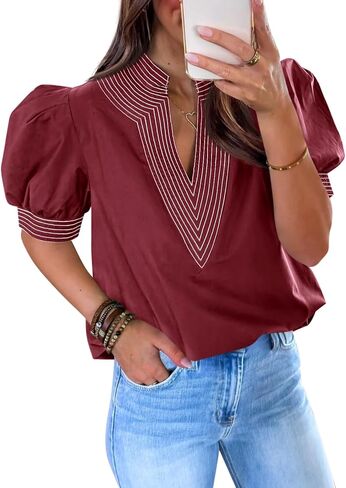 Cicy Bell Womens Puff Short Sleeve Blouses Summer Casual Dressy V Neck Contrast Stitch Tops Loose Fit Shirts in Saudi Arabia