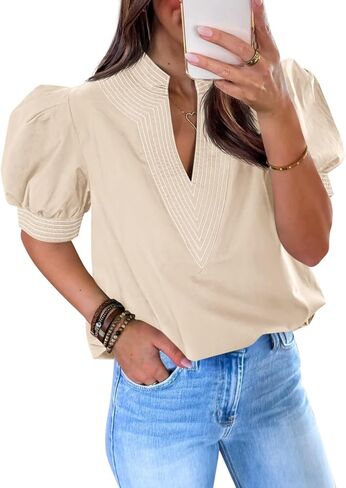 Cicy Bell Womens Puff Short Sleeve Blouses Summer Casual Dressy V Neck Contrast Stitch Tops Loose Fit Shirts in Saudi Arabia