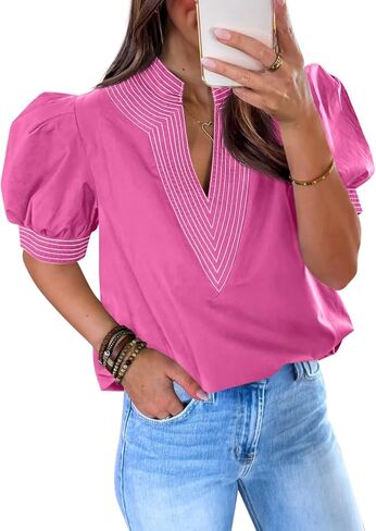 Cicy Bell Womens Puff Short Sleeve Blouses Summer Casual Dressy V Neck Contrast Stitch Tops Loose Fit Shirts in Saudi Arabia