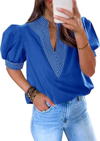 Cicy Bell Womens Puff Short Sleeve Blouses Summer Casual Dressy V Neck Contrast Stitch Tops Loose Fit Shirts in Saudi Arabia