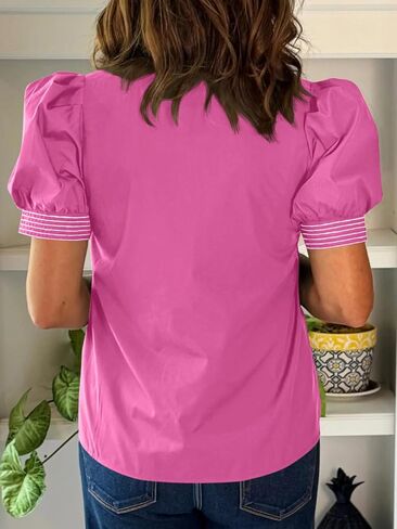 Cicy Bell Womens Puff Short Sleeve Blouses Summer Casual Dressy V Neck Contrast Stitch Tops Loose Fit Shirts in Saudi Arabia