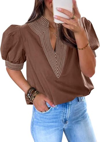 Cicy Bell Womens Puff Short Sleeve Blouses Summer Casual Dressy V Neck Contrast Stitch Tops Loose Fit Shirts in Saudi Arabia