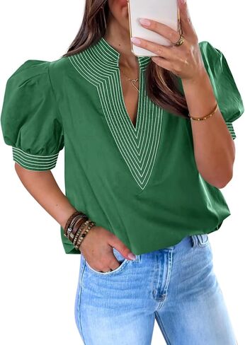 Cicy Bell Womens Puff Short Sleeve Blouses Summer Casual Dressy V Neck Contrast Stitch Tops Loose Fit Shirts in Saudi Arabia