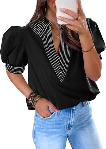 Cicy Bell Womens Puff Short Sleeve Blouses Summer Casual Dressy V Neck Contrast Stitch Tops Loose Fit Shirts in Saudi Arabia