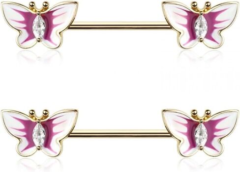 Pierced Owl 14GA 316L Stainless Steel Enamel CZ Crystal Butterfly Ends Nipple Barbells, Sold as a Pair in Saudi Arabia