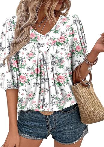 Magritta Womens Puff Half Sleeve Summer Tunic Tops Casual Chest Pleated Shirts Work Blouse for Women Dressy in Kuwait