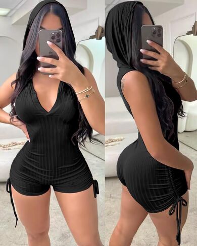 Womens Sleeveless Hooded V Neck Romper Ribbed One Piece Outfit Side Drawstring Casual Short Jumpsuit in Saudi Arabia