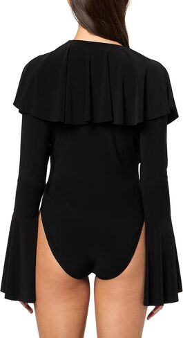 NORMA KAMALI LONG SLEEVE DEEP V RUFFLE BODYSUIT, BLACK, L in Saudi Arabia