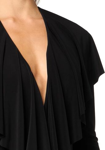 NORMA KAMALI LONG SLEEVE DEEP V RUFFLE BODYSUIT, BLACK, L in Saudi Arabia