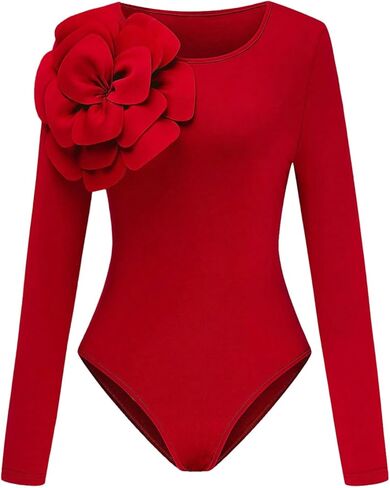 GORGLITTER Women's 3D Floral Long Sleeve Bodysuit Round Neck Casual Holiday Party Outfits Tops in Saudi Arabia