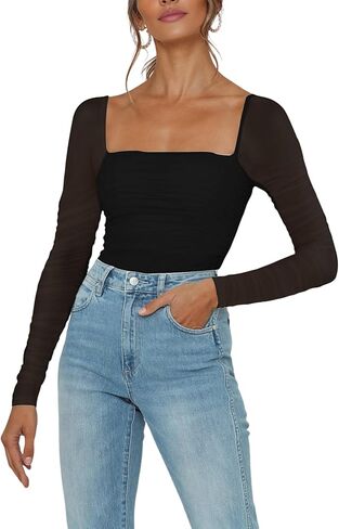 قمصان بدلة نسائية مثيرة بأكمام طويلة ورقبة مربعة شبكية للخروج in Kuwait