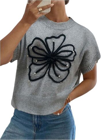 SHENHE Women's Short Sleeve Sweater 3D Flower Pearl Beaded Crewneck Cute Knit Sweater Vest Pullover in Saudi Arabia