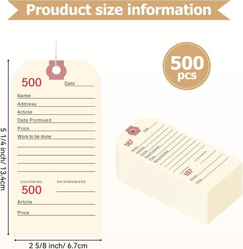 500 PCS Manila Repair Tags with Nylon Strings,1-500，Heavy-Duty Numbered Service Tags Bulk 5.25 x 2.63 Inch for Repair Shops, Jewelry, Garment, and Retail Use in Saudi Arabia