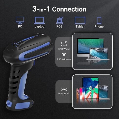 Tera Barcode Scanner Wireless 2D QR with Stand: Pro Version Battery Level Indicator 2500mAh Industrial Grade Bar Code Reader 3-in-1 Works with Bluetooth 2.4G USB Wired 8100 Dark Blue in Saudi Arabia