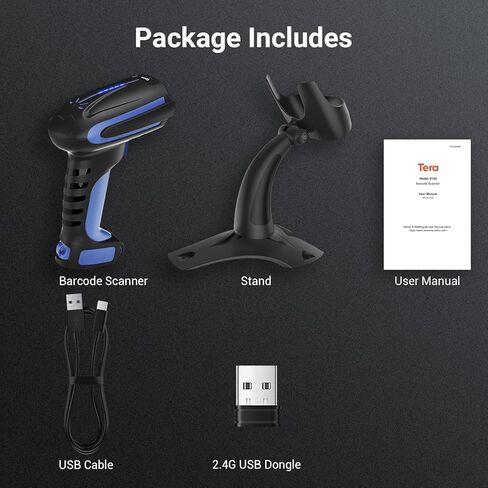 Tera Barcode Scanner Wireless 2D QR with Stand: Pro Version Battery Level Indicator 2500mAh Industrial Grade Bar Code Reader 3-in-1 Works with Bluetooth 2.4G USB Wired 8100 Dark Blue in Saudi Arabia
