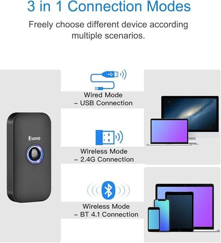 Eyoyo 1D Mini Bluetooth Barcode Scanner with Case, 3-in-1 2.4G Wireless & Bluetooth & USB Wired Barcode Scanner Portable Barcode Scanning Work with iOS, Windows, Android, Tablets or Computers(Black) in Saudi Arabia