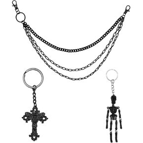 1Pc Pants Chain with 2 Keychains, Triple Layer Black Wallet Chains, Skeleton and Cross Keychain Accessories, Hip Hop Punk Gothic Style Jeans Pant Trouser Chain for Men and Women in Kuwait