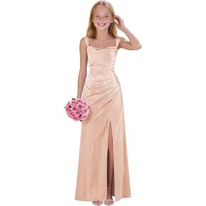 Satin Flower Girl Dress for Teens Junior Bridesmaid Dresses Slit Cowl Neck Pleated Formal Prom Evening Gown in Saudi Arabia