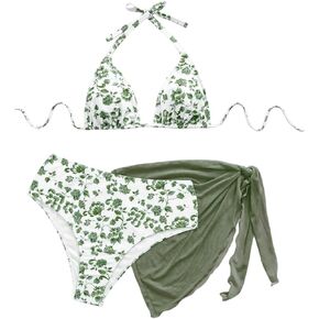 SHENHE Women's Plus Size 3 Piece Swimsuit Triangle High Waisted Floral Bikini Set with Wrap Skirt Cover Up in Saudi Arabia