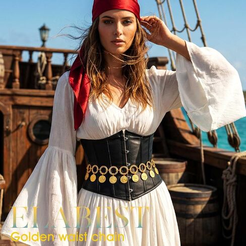 ELABEST Pirate Coin Waist Chain Gold Coins Pendant Chain Belt Tassel Jewelry for Pirate Costume Women in Saudi Arabia
