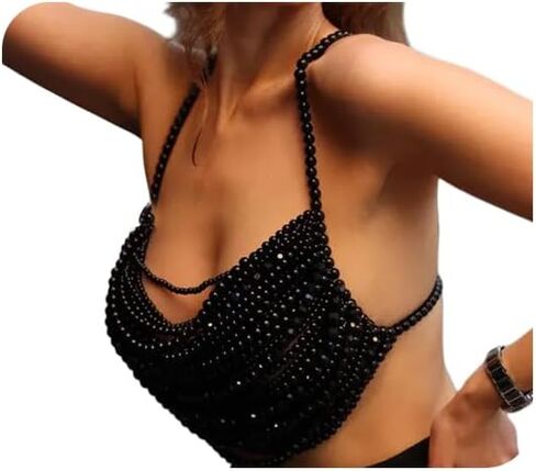 Multi-layered Black Pearl Top Bra Chain,Sexy Summer Beach Beaded Tassel Body Chain Festival Pearl Hanging Neck Chest Jewelry for Women in Saudi Arabia