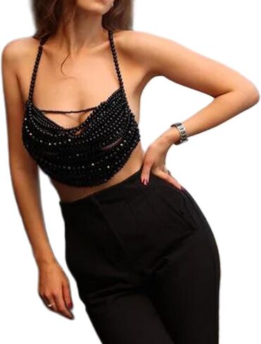 Multi-layered Black Pearl Top Bra Chain,Sexy Summer Beach Beaded Tassel Body Chain Festival Pearl Hanging Neck Chest Jewelry for Women in Saudi Arabia