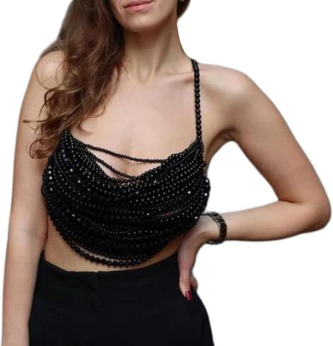 Multi-layered Black Pearl Top Bra Chain,Sexy Summer Beach Beaded Tassel Body Chain Festival Pearl Hanging Neck Chest Jewelry for Women in Saudi Arabia