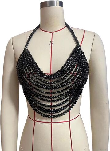 Multi-layered Black Pearl Top Bra Chain,Sexy Summer Beach Beaded Tassel Body Chain Festival Pearl Hanging Neck Chest Jewelry for Women in Saudi Arabia
