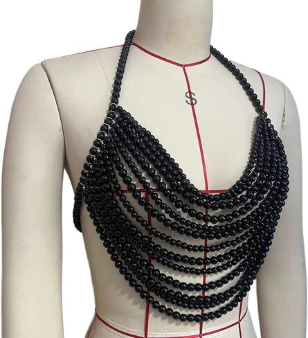 Multi-layered Black Pearl Top Bra Chain,Sexy Summer Beach Beaded Tassel Body Chain Festival Pearl Hanging Neck Chest Jewelry for Women in Saudi Arabia