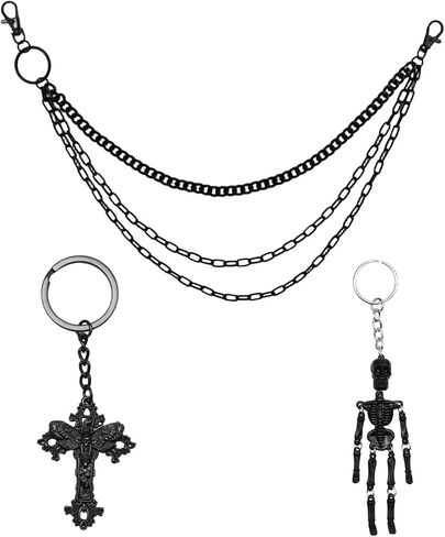 1Pc Pants Chain with 2 Keychains, Triple Layer Black Wallet Chains, Skeleton and Cross Keychain Accessories, Hip Hop Punk Gothic Style Jeans Pant Trouser Chain for Men and Women in Kuwait
