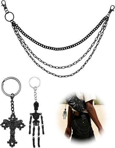 1Pc Pants Chain with 2 Keychains, Triple Layer Black Wallet Chains, Skeleton and Cross Keychain Accessories, Hip Hop Punk Gothic Style Jeans Pant Trouser Chain for Men and Women in Kuwait
