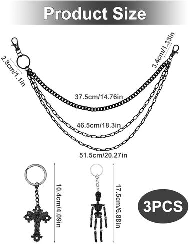 1Pc Pants Chain with 2 Keychains, Triple Layer Black Wallet Chains, Skeleton and Cross Keychain Accessories, Hip Hop Punk Gothic Style Jeans Pant Trouser Chain for Men and Women in Kuwait