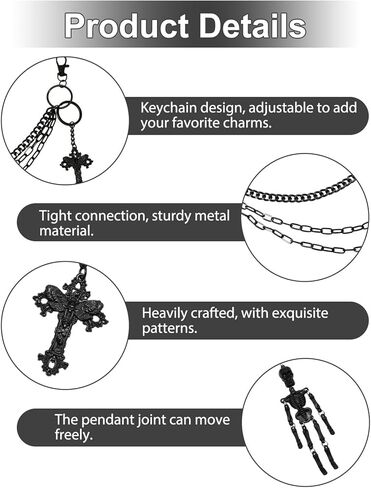 1Pc Pants Chain with 2 Keychains, Triple Layer Black Wallet Chains, Skeleton and Cross Keychain Accessories, Hip Hop Punk Gothic Style Jeans Pant Trouser Chain for Men and Women in Kuwait