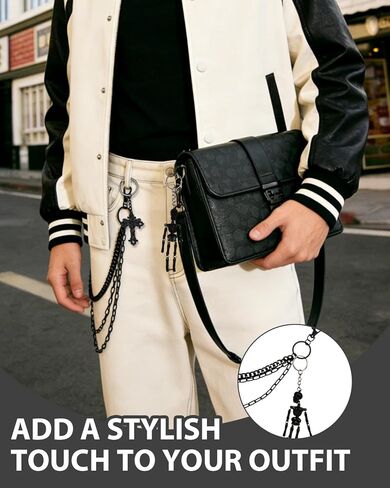1Pc Pants Chain with 2 Keychains, Triple Layer Black Wallet Chains, Skeleton and Cross Keychain Accessories, Hip Hop Punk Gothic Style Jeans Pant Trouser Chain for Men and Women in Kuwait