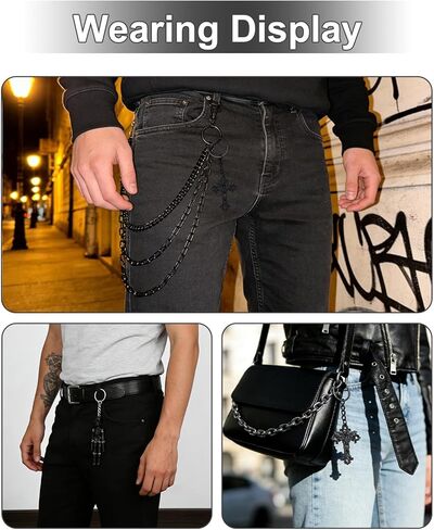 1Pc Pants Chain with 2 Keychains, Triple Layer Black Wallet Chains, Skeleton and Cross Keychain Accessories, Hip Hop Punk Gothic Style Jeans Pant Trouser Chain for Men and Women in Kuwait
