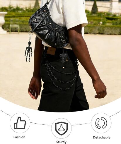 1Pc Pants Chain with 2 Keychains, Triple Layer Black Wallet Chains, Skeleton and Cross Keychain Accessories, Hip Hop Punk Gothic Style Jeans Pant Trouser Chain for Men and Women in Kuwait